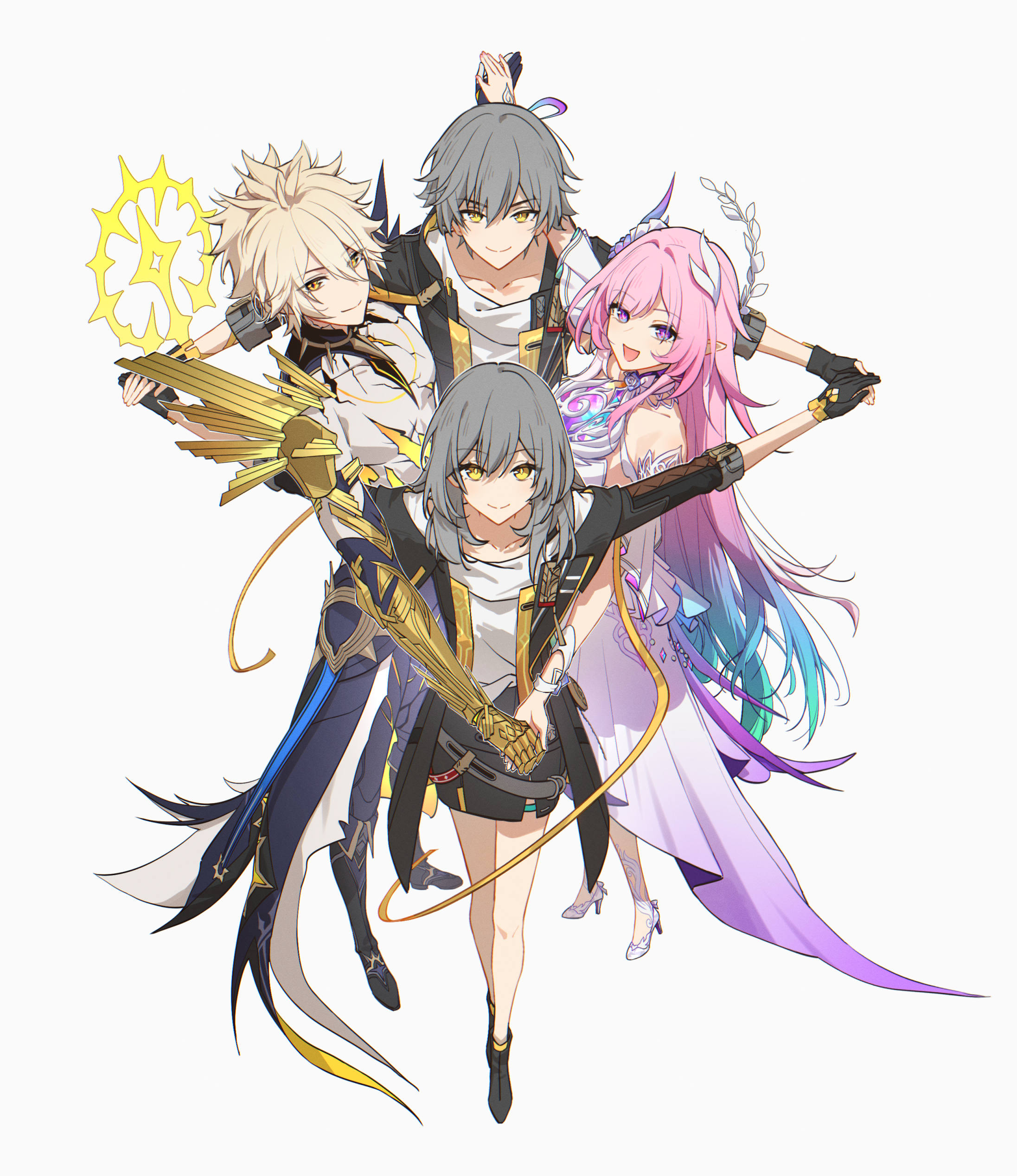 hei lang, caelus (honkai: star rail), cyrene (honkai: star rail), cyrene (ripples of past reverie) (honkai: star rail), phainon (honkai: star rail), phainon (khaslana) (honkai: star rail), trailblazer (honkai: star rail), honkai: star rail, honkai (series), absurdres, highres, 2boys, 2girls, aqua hair, black coat, black skirt, blonde hair, breasts, coat, cracked skin, dress, dual persona, gold blood, gradient hair, grey hair, hair ornament, halo, holding hands, long hair, medium breasts, multicolored hair, multiple boys, multiple girls, pink hair, purple eyes, shirt, short hair, simple background, skirt, two-tone hair, very long hair, white background, white dress, white shirt