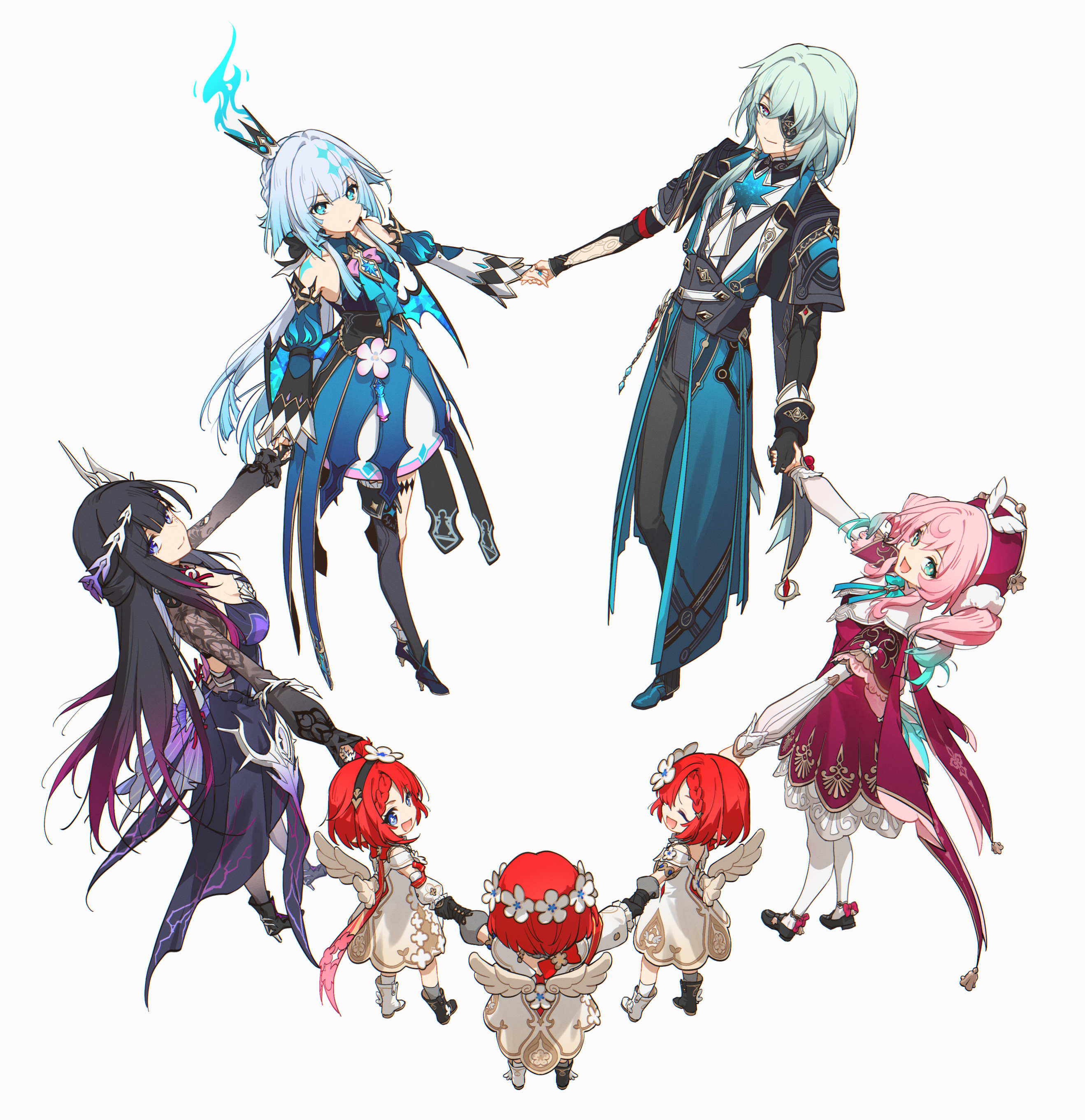 hei lang, anaxa (honkai: star rail), cerydra (honkai: star rail), hyacine (honkai: star rail), hysilens (honkai: star rail), trianne (honkai: star rail), tribbie (honkai: star rail), trinnon (honkai: star rail), honkai: star rail, honkai (series), absurdres, highres, 1boy, 6+girls, ancient greek clothes, aqua eyes, aqua hair, blue dress, blue eyes, blue hair, breasts, chrysos heirs (honkai: star rail), cleavage, cross-shaped pupils, crown, dress, eyepatch, greco-roman clothes, green hair, head wreath, holding hands, large breasts, long hair, medium hair, multicolored hair, multiple girls, pointy ears, purple hair, red dress, red hair, short hair, simple background, symbol-shaped pupils, triplets, twintails, two-tone hair, very long hair, white background, white dress, winged boots, wings