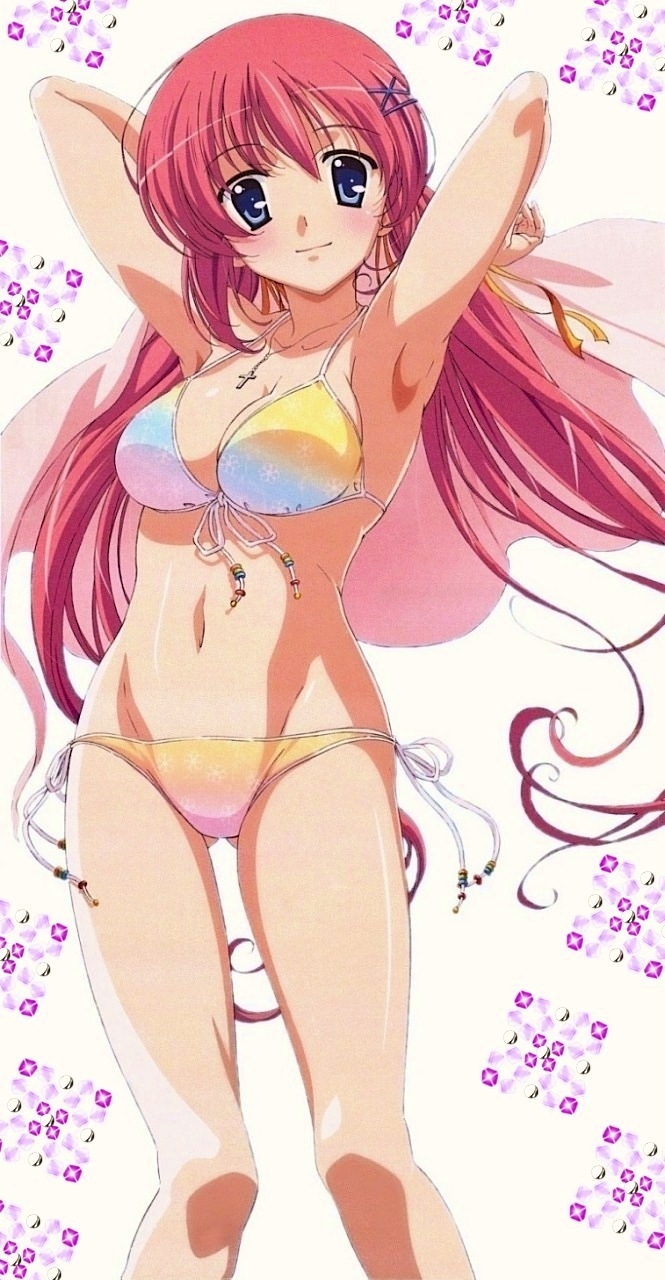 shirakawa nanaka, da capo, da capo ii, highres, non-web source, 00s, 1girl, armpits, arms behind head, bikini, blue eyes, breasts, cleavage, cross, female focus, front-tie top, groin, hair ornament, hair ribbon, hairclip, jewelry, large breasts, long hair, multicolored bikini, navel, necklace, red hair, ribbon, side-tie bikini bottom, solo, swimsuit, towel, twintails, very long hair