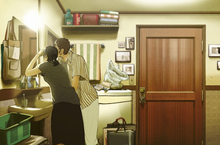 yokoya, original, bad id, 1boy, 1girl, adjusting hair, bag, basket, bathroom, black hair, bottle, brown hair, cup, door, drawing (object), film grain, from behind, indoors, laundry basket, looking at mirror, mirror, ponytail, shirt, shopping bag, short sleeves, sink, skirt, slice of life, striped clothes, striped shirt, toothbrush, towel