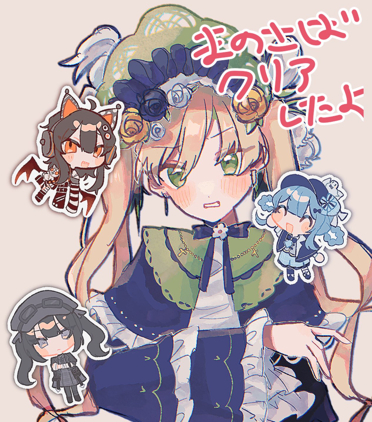 sawatari coco, tachibana sherry, tono hanna, mahou shoujo no majo saiban, commentary request, highres, translation request, 4girls, black capelet, black flower, black hair, black hat, black rose, blonde hair, blue hair, blush, bonnet, braid, braided hair rings, capelet, chibi, closed mouth, flower, green eyes, grey eyes, hair between eyes, hair rings, hat, kurobe nanoka, lolita fashion, long hair, long sleeves, looking at viewer, magical girl, masashi (e kakka), multiple girls, open mouth, outline, rose, short hair, smile, twintails, white flower, white outline, white rose, yellow flower, yellow rose