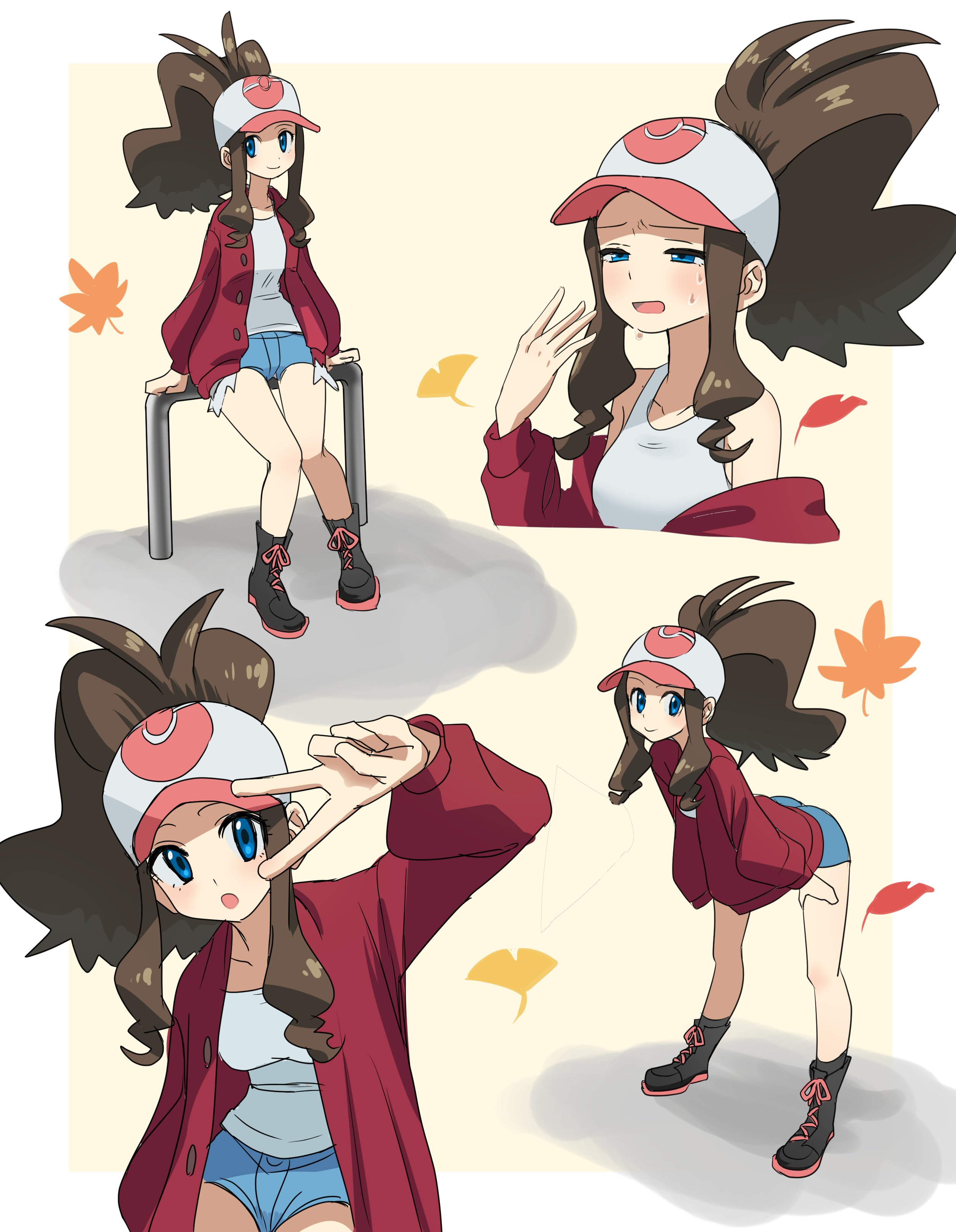 asamaru1225, hilda (pokemon), nintendo, pokemon, pokemon bw, absurdres, highres, 1girl, autumn leaves, bare shoulders, baseball cap, blue eyes, blush, breasts, brown hair, closed mouth, collarbone, cutoffs, denim, denim shorts, fanning self, hat, high ponytail, jacket, leaf, leaning forward, long hair, open clothes, open jacket, open mouth, poke ball print, ponytail, red jacket, shirt, short shorts, shorts, sidelocks, sitting, smile, sweat, v, white shirt