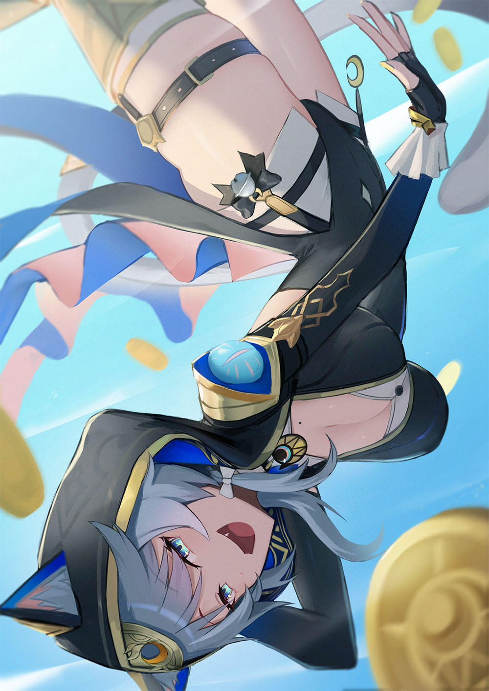 lodbyy, cipher (honkai: star rail), honkai: star rail, honkai (series), highres, 1girl, animal ear fluff, animal ears, animal hood, bell, blue background, blue eyes, bow, braid, breasts, buckle, cat ears, cat girl, cat hood, cat tail, cleavage, coin, crescent, fang, fingerless gloves, gloves, grey hair, hood, leotard, medium breasts, mole, mole on breast, multicolored hair, streaked hair, tail, thigh strap, thighs, upside-down