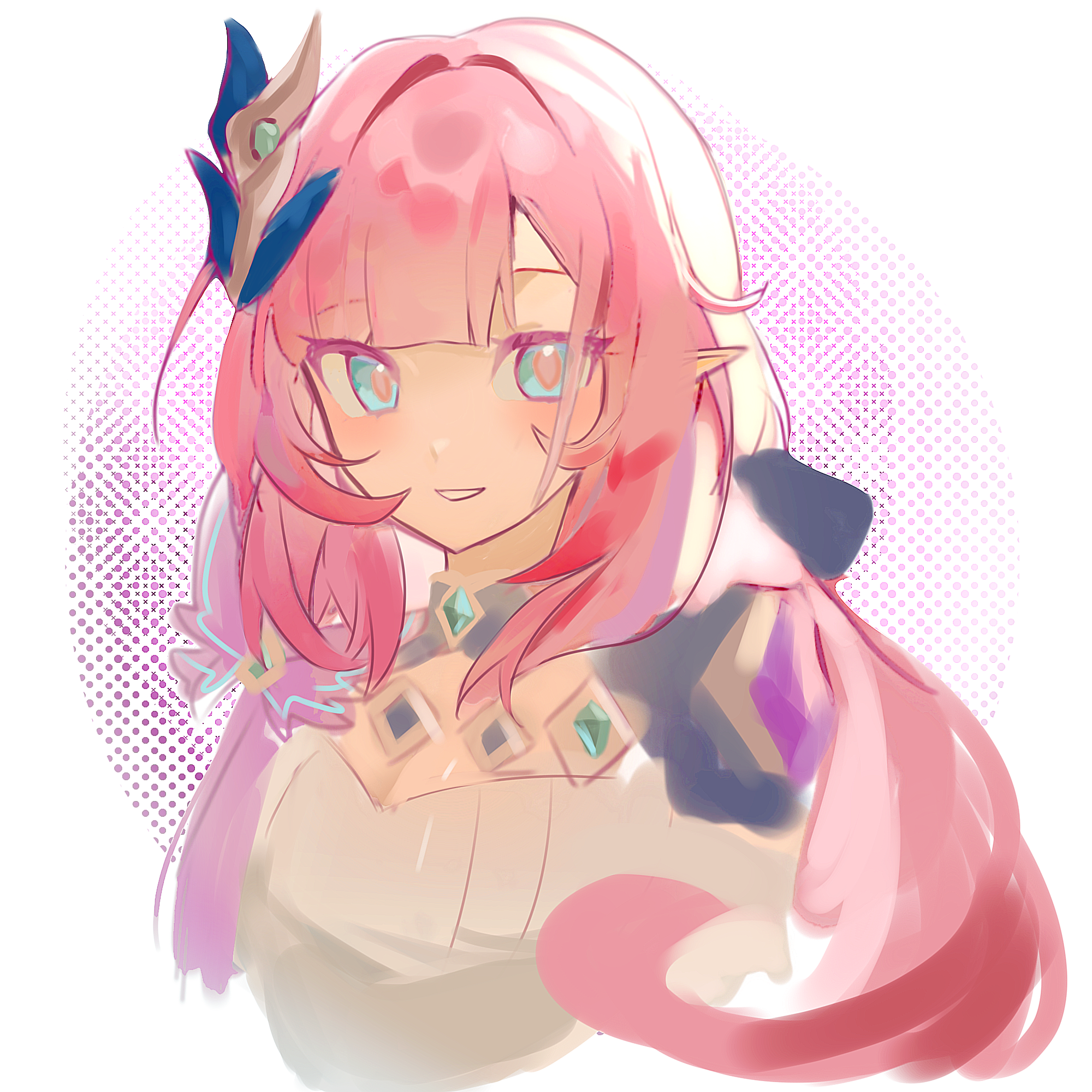 miaomiaomiao64556, elysia (honkai impact), elysia (miss pink elf) (honkai impact), honkai (series), honkai impact 3rd, chinese commentary, commentary request, highres, 1girl, breasts, cleavage, corset, elf, hair ornament, large breasts, long hair, looking at viewer, parted lips, pink hair, pointy ears, simple background, smile, solo, upper body, very long hair, white corset