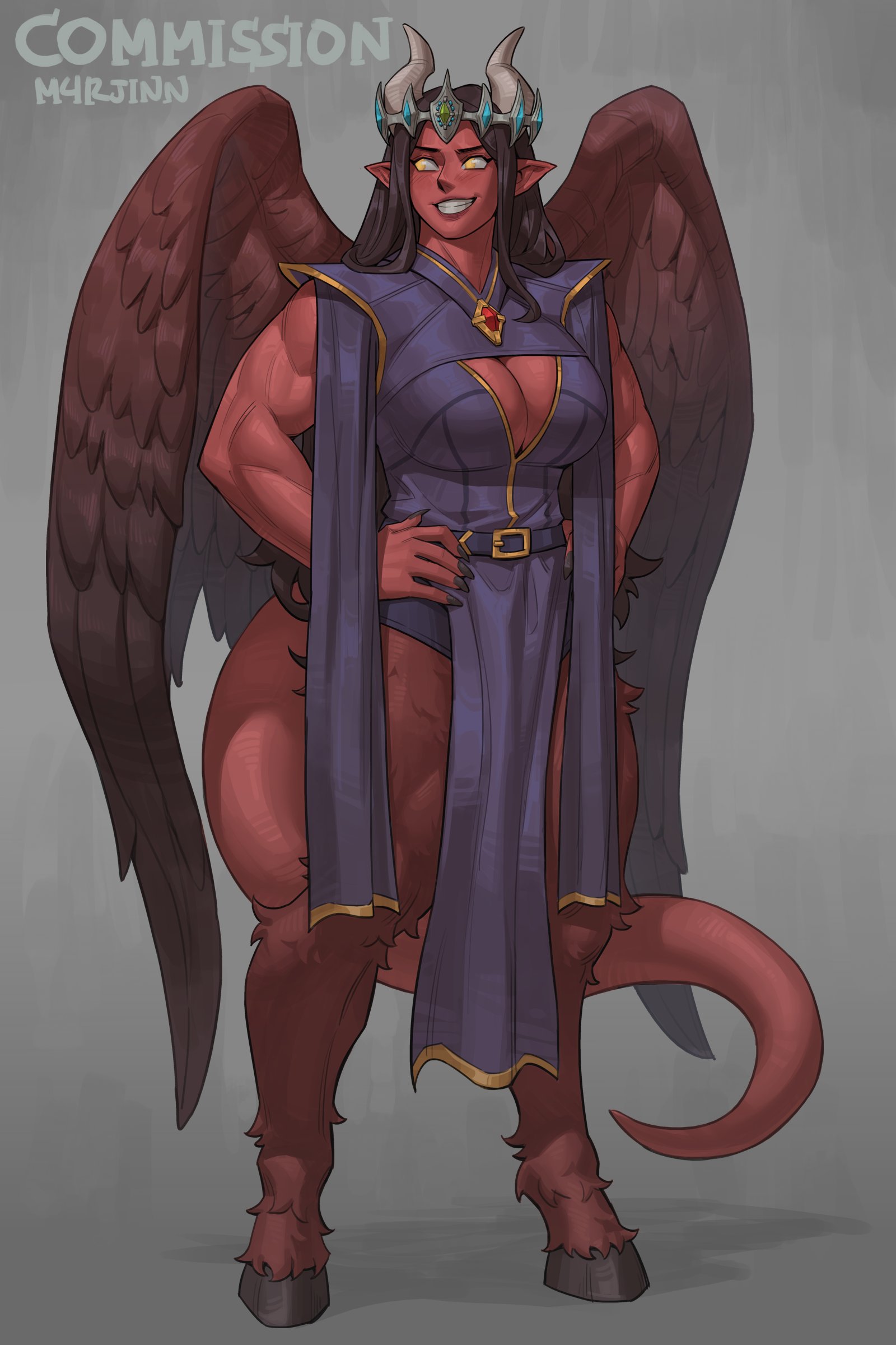 m4rjinn, original, absurdres, commentary, commission, english commentary, highres, 1girl, artist name, bare shoulders, belt, black hair, black nails, blush, breasts, cleavage, colored skin, crown, demon girl, demon tail, dress, feathered wings, full body, grey horns, hands on own hips, hooves, horns, large breasts, lips, long hair, looking to the side, muscular, muscular female, no pupils, nose, open mouth, pointy ears, purple belt, purple dress, red skin, red tail, smile, solo, standing, tail, teeth, very long hair, wings, yellow eyes