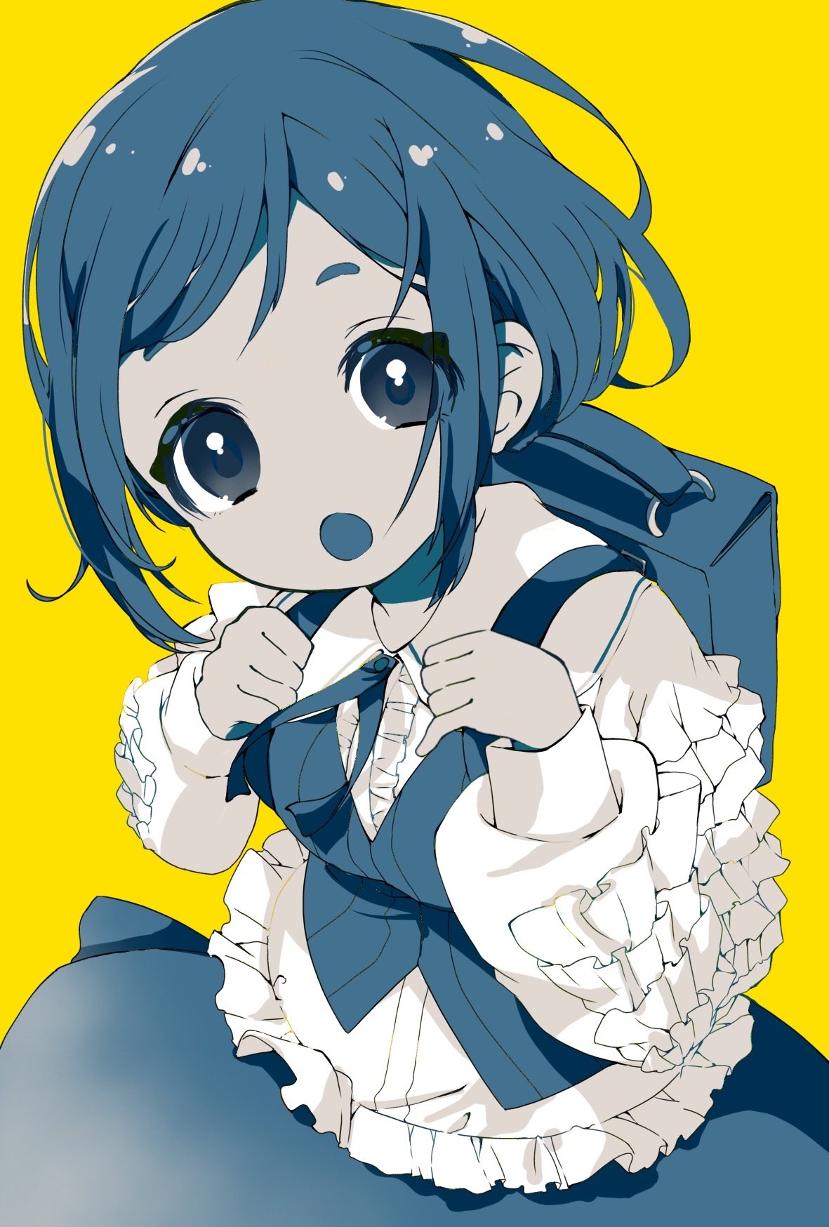 airi (curereika), fukurai azami, toshi densetsu kaitai center, commentary request, highres, 1girl, :o, backpack, bag, blue bag, blue eyes, blue hair, blue skirt, collared shirt, cowboy shot, frilled shirt, frilled sleeves, frills, hands up, holding strap, long sleeves, looking at viewer, open mouth, shirt, short hair, simple background, skirt, solo, standing, yellow background