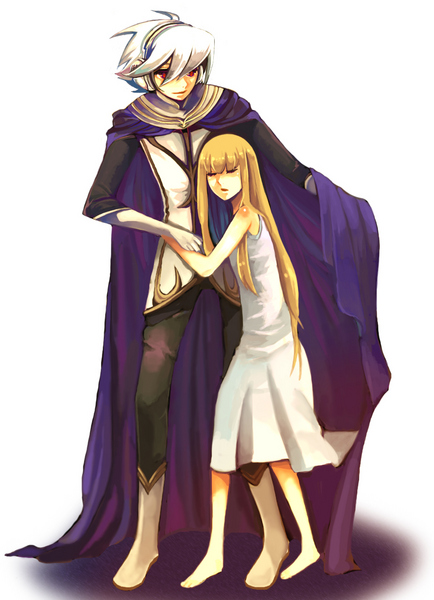 physis, soldier blue, toward the terra, silver hair, barefoot, blonde hair, boots, cape, closed eyes, dress, eyes closed, gloves, leaning