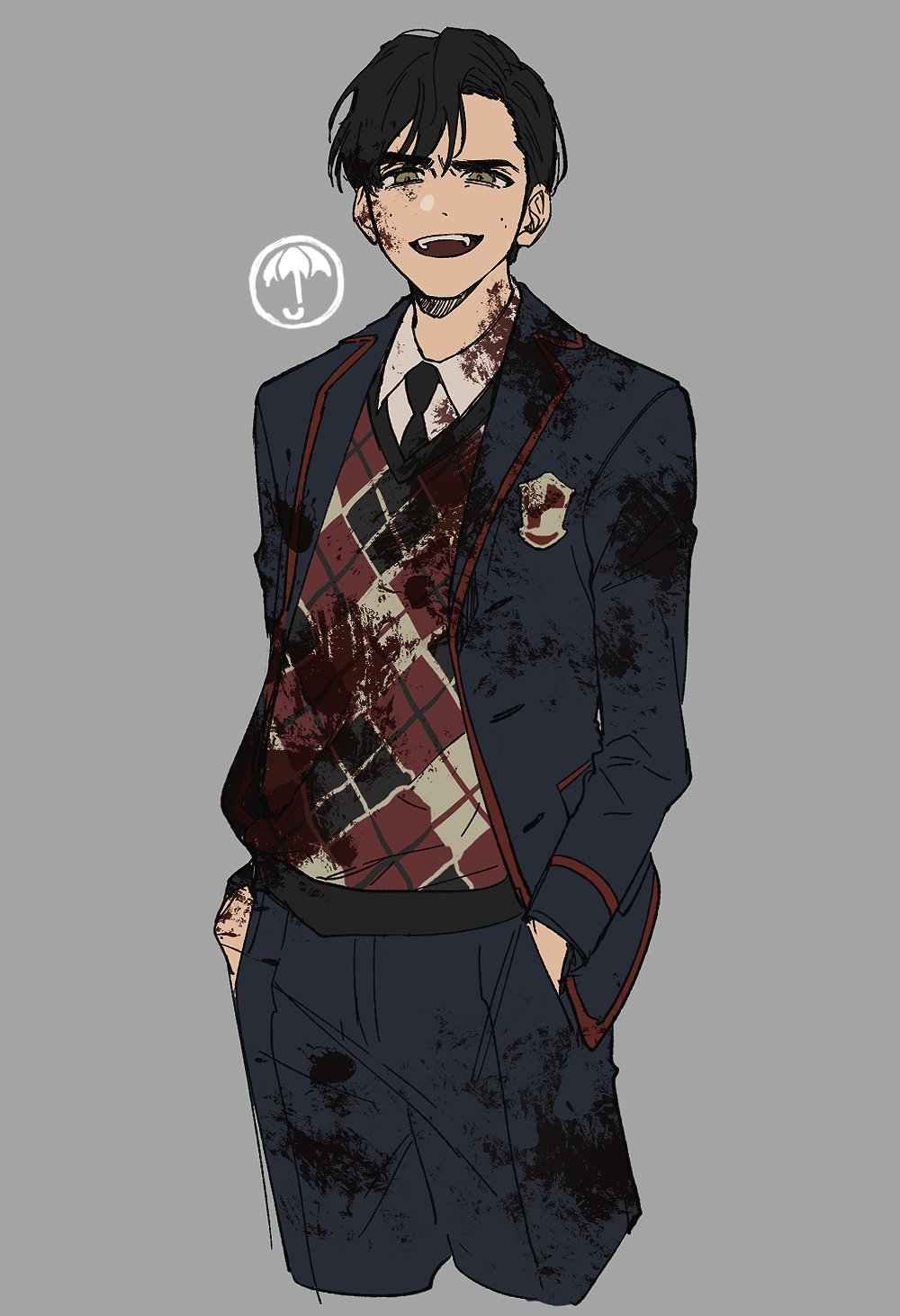 number five (the umbrella academy), the umbrella academy, highres, 1boy, animification, black hair, black necktie, blood, blood on clothes, blood on face, blue jacket, blue pants, collared shirt, cowboy shot, green eyes, grey background, jacket, looking at viewer, male focus, necktie, open mouth, pants, parted bangs, sam6, shirt, short hair, simple background, smile, solo, sweater vest, teeth, upper teeth only, white shirt