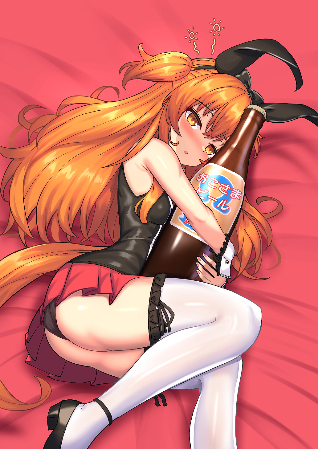 yuutopia, kana (bunny garden), mayano top gun (umamusume), bunny garden, umamusume, commentary request, highres, 1girl, animal ears, armpit crease, ass, black panties, black shoes, black vest, blush, bottle, cosplay, drunk, ear covers, fake animal ears, frilled wrist cuffs, frills, horse ears, horse girl, horse tail, hugging object, kana (bunny garden) (cosplay), long hair, looking at viewer, miniskirt, nose blush, open mouth, orange hair, orange tail, panties, pleated skirt, rabbit ears, red skirt, shoes, skirt, sleeveless, solo, tail, thighhighs, thighs, two side up, underwear, vest, white thighhighs, white wrist cuffs, wrist cuffs