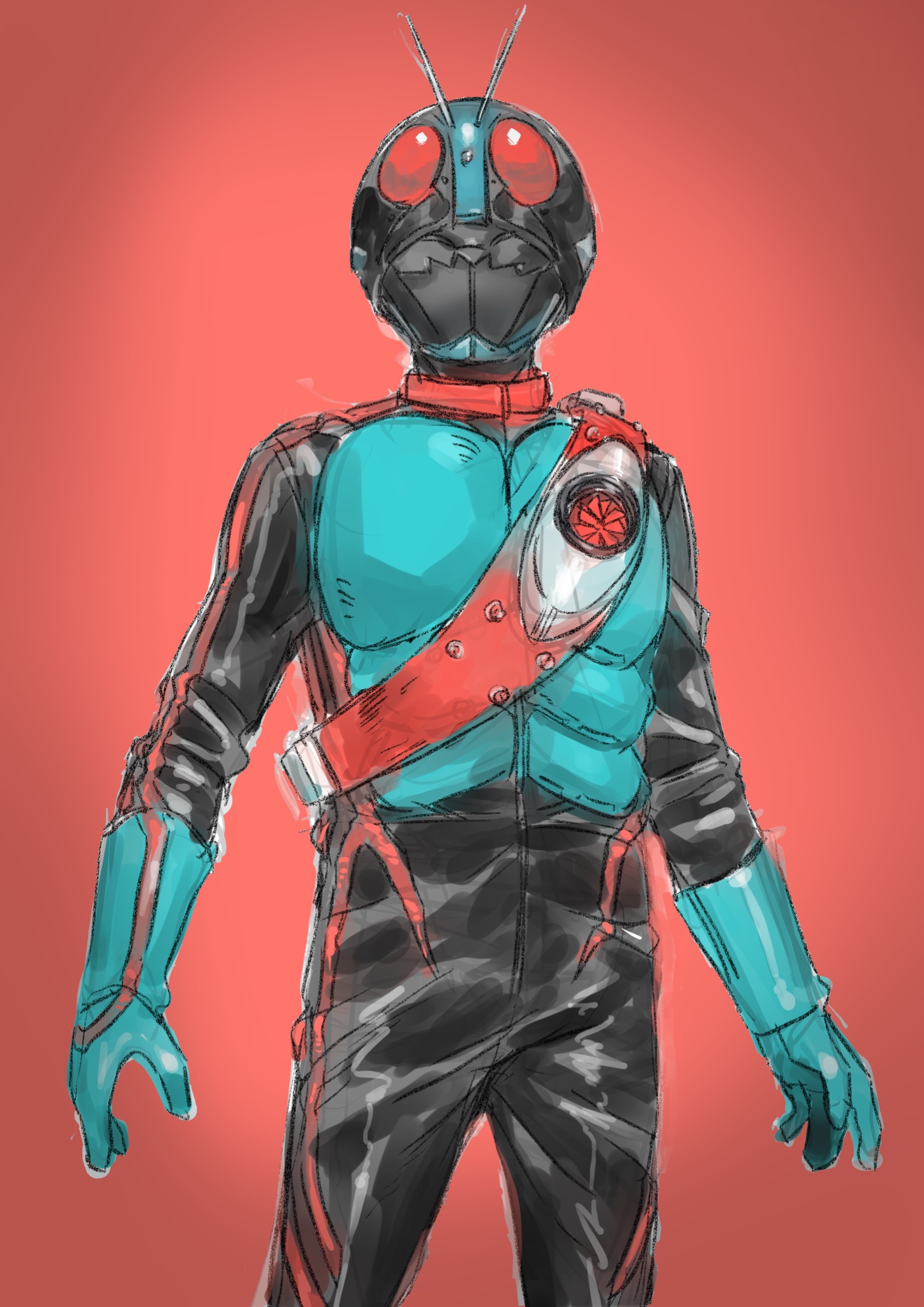 kuppipi ramutarou, kamen rider 1, kamen rider, kamen rider (1st series), kamen rider zeztz (series), highres, 1boy, armor, cowboy shot, green armor, helmet, male focus, red background, red eyes, rider belt, simple background, solo, typhoon (kamen rider)
