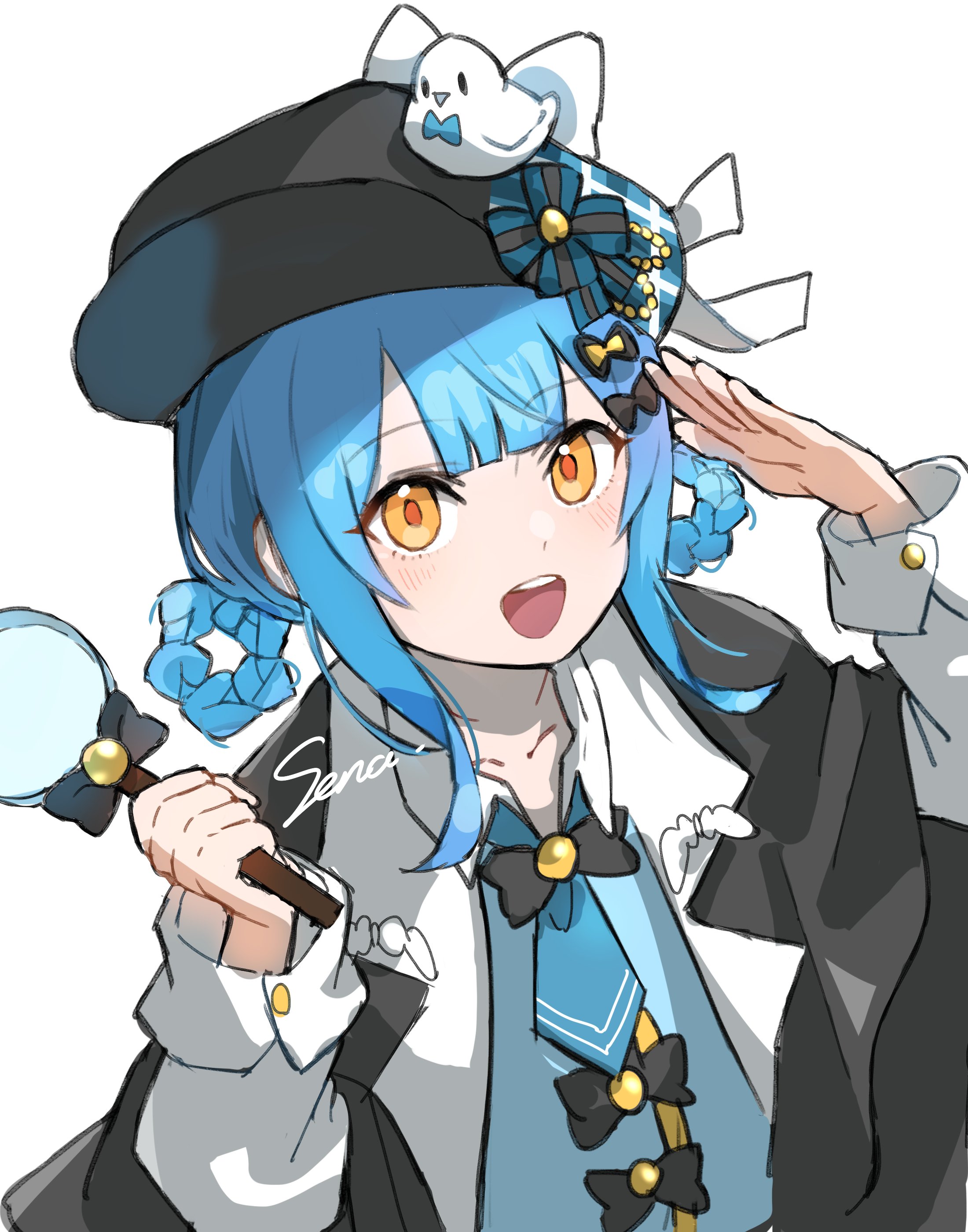 aimermermer, tachibana sherry, mahou shoujo no majo saiban, absurdres, commentary request, highres, 1girl, :d, black capelet, black hat, blue hair, blue necktie, blunt bangs, braid, braided hair rings, capelet, collared shirt, detective, hair rings, hands up, hat, holding, holding magnifying glass, long sleeves, looking at viewer, magical girl, magnifying glass, necktie, open mouth, salute, shirt, short hair, simple background, smile, solo, upper body, vest, white background, white shirt, yellow eyes