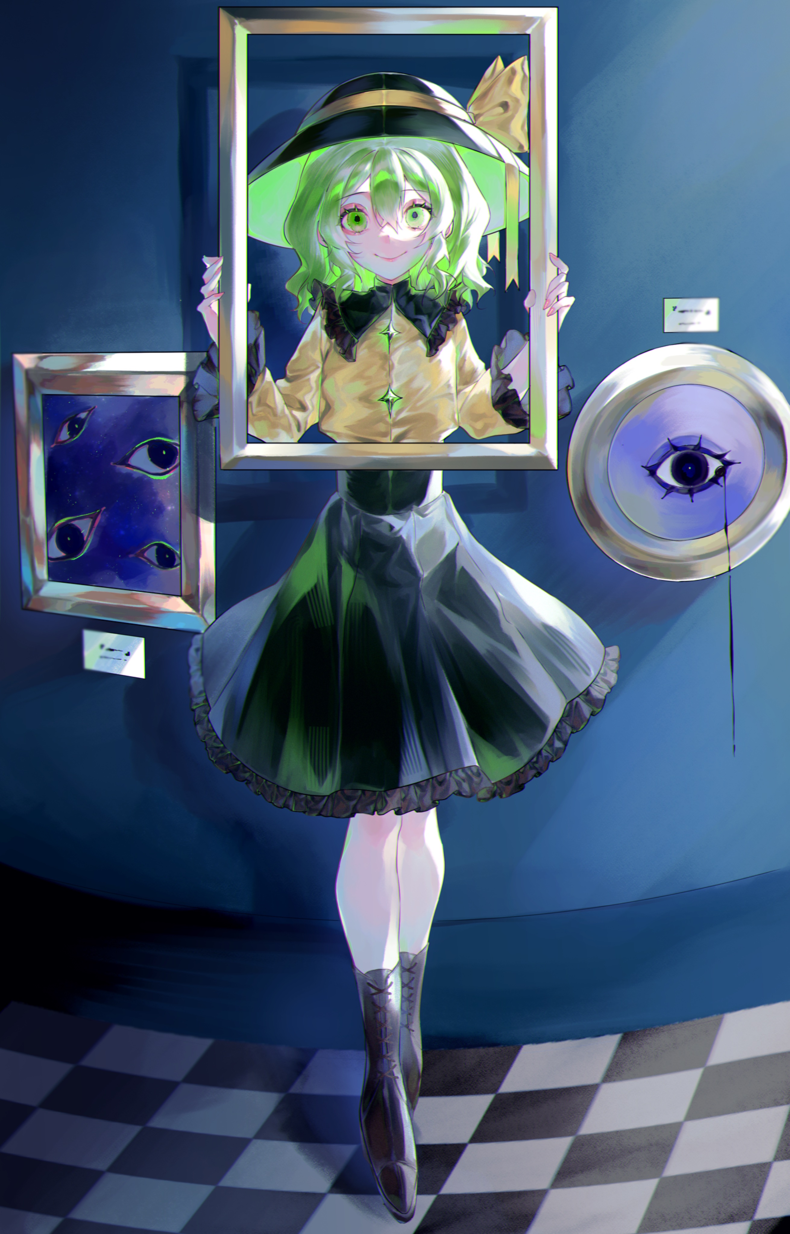 komeiji koishi, touhou, absurdres, highres, 1girl, black boots, black hat, boots, buttons, diamond button, empty picture frame, frilled shirt collar, frilled skirt, frilled sleeves, frills, green eyes, green hair, green skirt, hat, hat ribbon, holding, holding picture frame, keikeikeicha, picture frame, ribbon, shirt, skirt, smile, too many eyes, yellow ribbon, yellow shirt