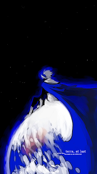 soldier blue, toward the terra, 1boy, blue theme, boots, cape, earth (planet), english text, gloves, headphones, male focus, solo, space, star (symbol), white hair