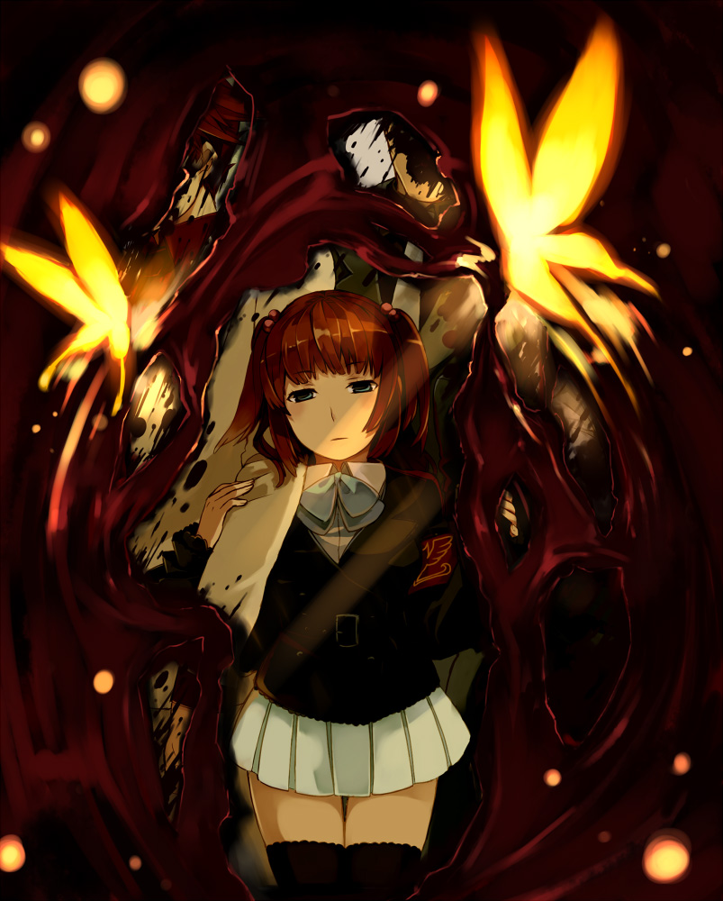 hanokage, ushiromiya ange, ushiromiya battler, umineko no naku koro ni, 00s, 1girl, armband, blood, blue eyes, blunt bangs, bow, brother and sister, bug, butterfly, death, guro, hair bobbles, hair ornament, insect, jacket, red hair, siblings, skirt, thighhighs