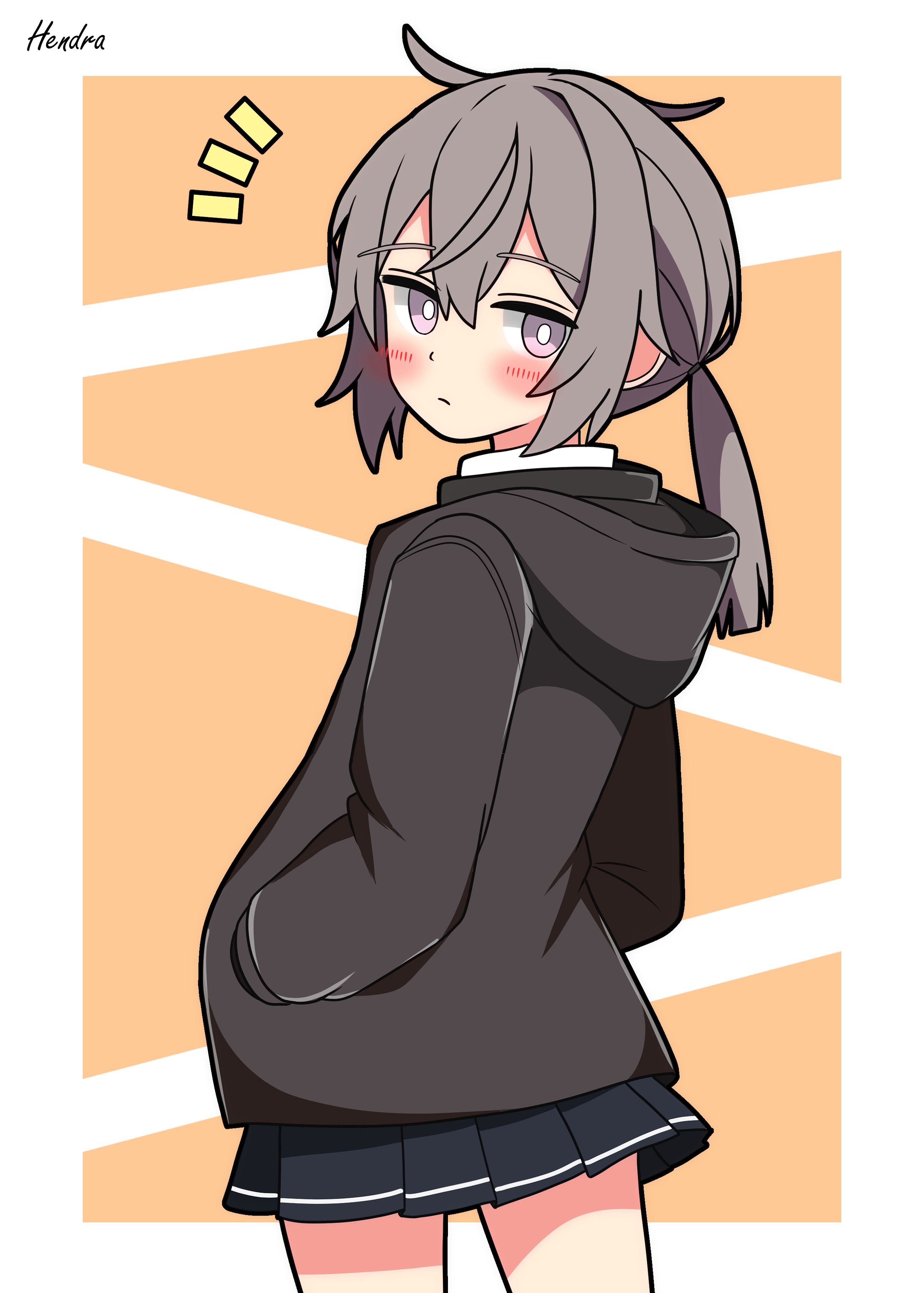 hendra, m200 (girls' frontline), girls' frontline, absurdres, commentary, highres, 1girl, black jacket, black skirt, blush, grey hair, hood, hooded jacket, jacket, looking at viewer, miniskirt, ponytail, purple eyes, shirt, skirt, solo, white shirt