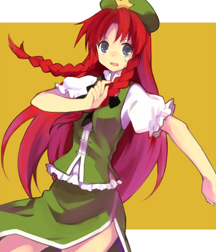 koto (colorcube), hong meiling, touhou, lowres, 1girl, blue eyes, braid, female focus, hat, long hair, red hair, side slit, simple background, solo, sweatdrop, twin braids