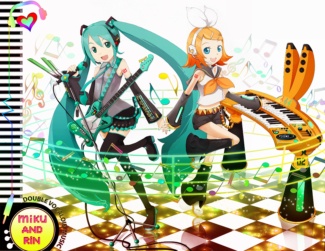 m-hit, hatsune miku, kagamine rin, vocaloid, blonde hair, blue hair, boots, bow, colorful, detached sleeves, guitar, hair bow, headset, instrument, keyboard, keyboard (instrument), long hair, microphone, microphone stand, synthesizer, thigh boots, thighhighs, twintails, very long hair