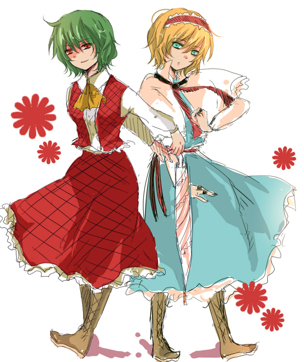 ponchotaipu, alice margatroid, kazami yuuka, touhou, bad id, bad pixiv id, 2girls, ascot, boots, closed umbrella, dress, female focus, green hair, lace-up boots, multiple girls, petticoat, plaid clothes, plaid skirt, plaid vest, red eyes, shaded face, short hair, skirt, skirt set, smirk, umbrella, vest, white background