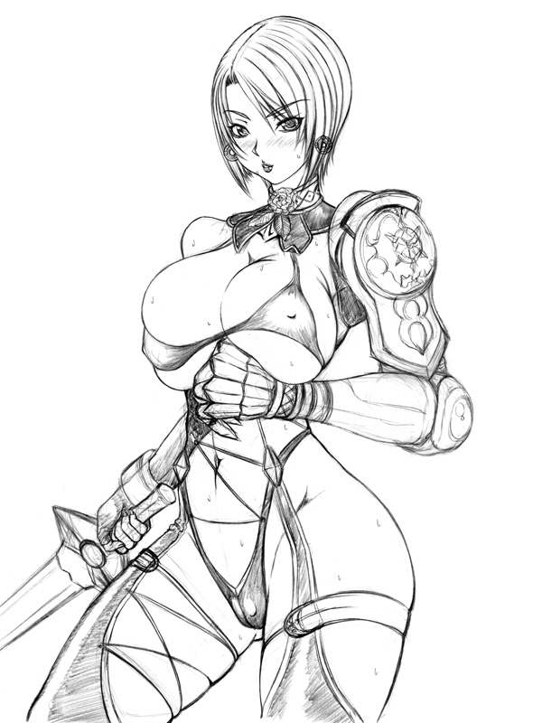isabella valentine, soul calibur, soulcalibur iv, monochrome, short hair, sketch