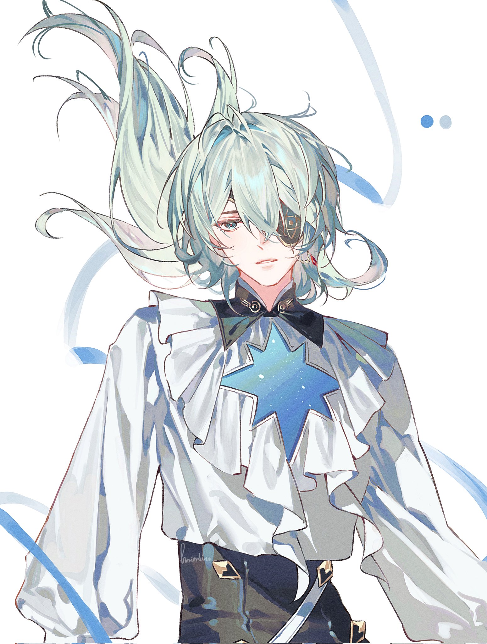 anaxa (honkai: star rail), honkai: star rail, honkai (series), highres, 1boy, aqua hair, black pants, blue eyes, earrings, eyepatch, gem, hair between eyes, hair intakes, horionline, jewelry, long hair, looking at viewer, male focus, one eye covered, pants, parted lips, red gemstone, shirt, single earring, solo, teeth, white background, white shirt