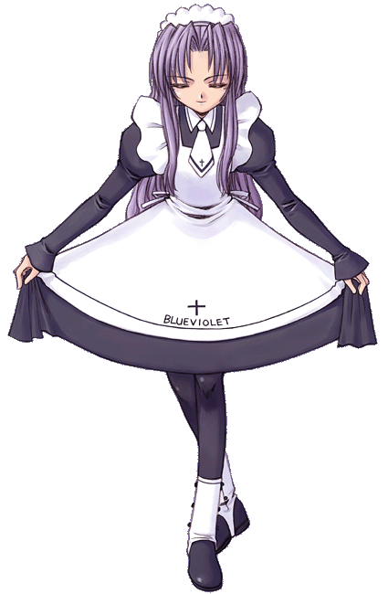 orebalgum, original, archived source, 1girl, apron, black boots, black dress, black pantyhose, black sleeves, boots, closed eyes, closed mouth, cross, cross print, curtained hair, curtsey, dress, english text, facing viewer, frilled apron, frills, full body, hair intakes, headdress, impasto, juliet sleeves, knees together feet apart, lace-trimmed headdress, long hair, long sidelocks, long sleeves, maid, maid apron, maid headdress, medium hair, necktie, pantyhose, parted lips, print apron, print necktie, puffy sleeves, purple hair, ribbon, short necktie, sidelocks, sleeves past wrists, smile, solo, stirrup footwear, straight hair, transparent background, very long hair, white apron, white boots, white headdress, white necktie, white ribbon