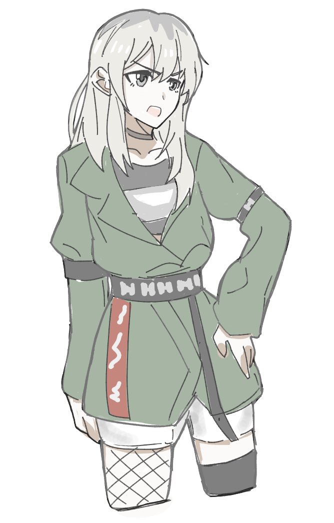 n nai nai n, kawaragi momoka, girls band cry, 1girl, black choker, black thighhighs, braid, choker, coat, fishnet pantyhose, fishnets, green coat, grey eyes, grey hair, long hair, multicolored hair, open mouth, pantyhose, roots (hair), simple background, single braid, solo, thighhighs, white background