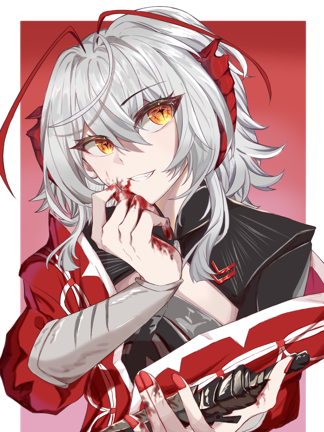 w (arknights), wis'adel (arknights), arknights, chinese commentary, commentary request, highres, 1girl, antenna hair, black shirt, blood, blood on face, blood on hands, bloody weapon, eyes visible through hair, fingernails, gradient background, grey hair, grin, hair between eyes, hand on own chin, holding, holding knife, holding weapon, jacket, jihuang82080, knife, long sleeves, looking at viewer, medium hair, multicolored hair, nail polish, off shoulder, pink background, red background, red hair, red jacket, red nails, shirt, smile, solo, streaked hair, upper body, weapon, yellow eyes