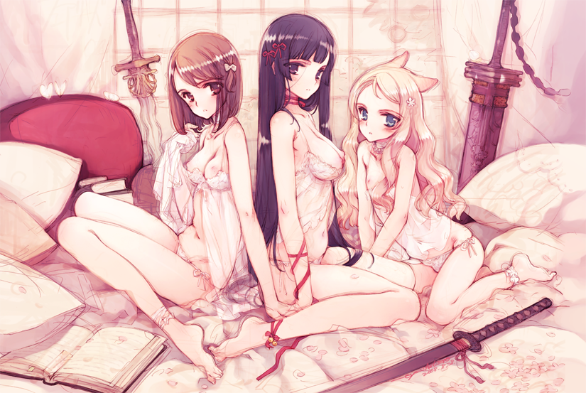 ooyari ashito, ingrid (seiken no faeries), kobanakawa yuri, kuzumi chizuru, littlewitch, seiken no faeries, 3girls, age difference, animal ears, black hair, blonde hair, blue eyes, book, breasts, brown eyes, brown hair, chemise, cleavage, katana, large breasts, legs, loli, long hair, long legs, medium breasts, multiple girls, nipples, panties, purple eyes, ribbon, short hair, small breasts, sword, thighs, underwear, weapon