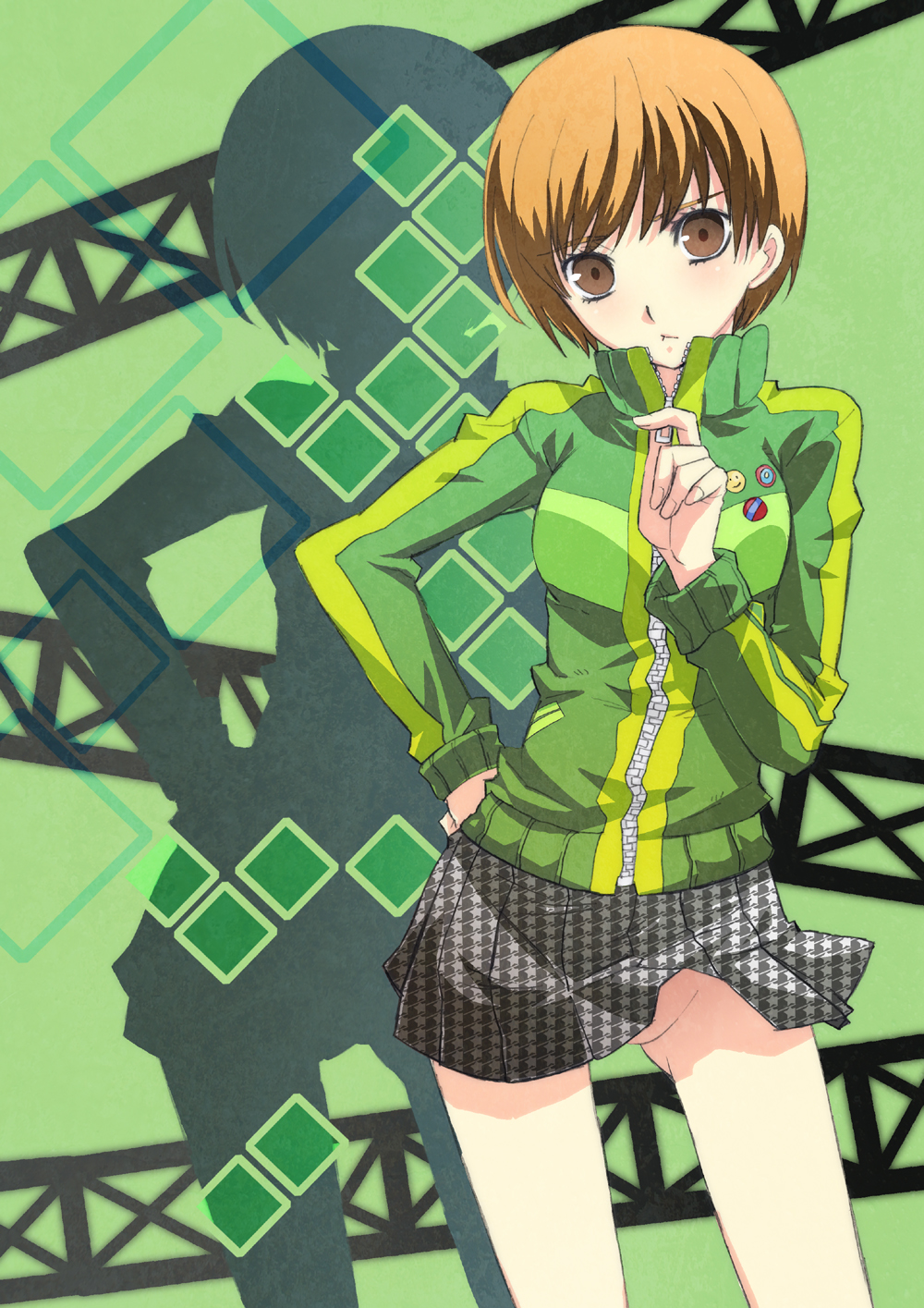nagy, satonaka chie, atlus, persona, persona 4, highres, 1girl, brown eyes, brown hair, contrapposto, female focus, grey skirt, jacket, long sleeves, looking at viewer, miniskirt, no panties, plaid clothes, plaid skirt, short hair, skirt, solo, standing, track jacket