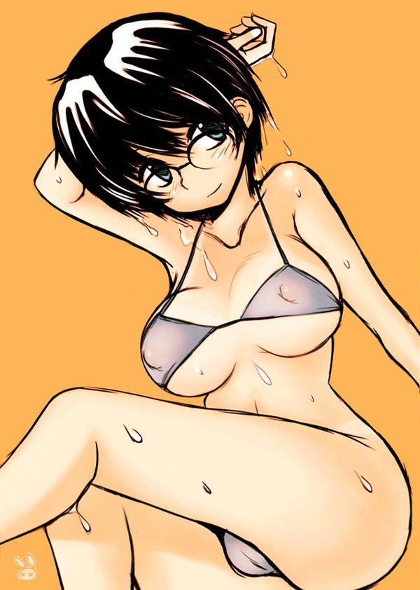madkaiser, oka ayuko, nazo no kanojo x, looking away, 1girl, arm behind head, arm up, bikini, bikini tan, black hair, blue eyes, blush, breasts, cameltoe, covered erect nipples, female focus, glasses, head tilt, large breasts, micro bikini, orange background, see-through clothes, short hair, simple background, sitting, smile, solo, swimsuit, tan, tanline, underboob, wet, yellow background