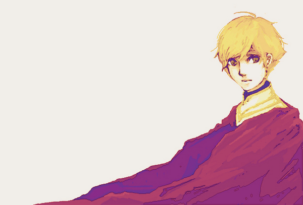 jomy marquis shin, toward the terra, 1boy, blonde hair, cape, male focus, simple background, solo
