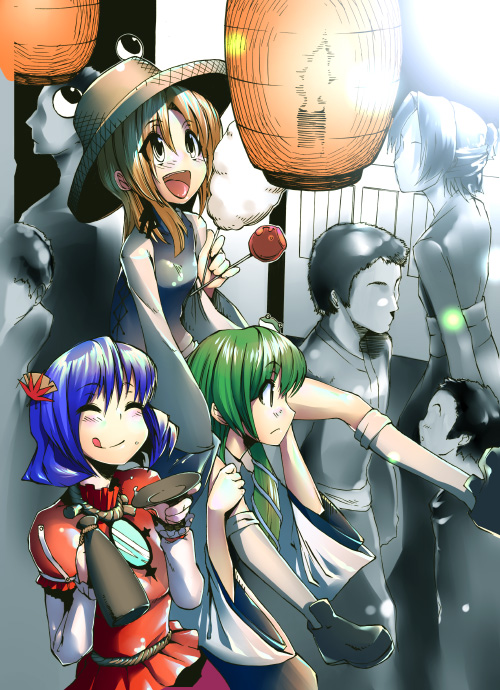 yukari (konekonekozou), kochiya sanae, moriya suwako, yasaka kanako, touhou, 3girls, :q, blonde hair, blunt bangs, brooch, carrying, closed eyes, detached sleeves, extra eyes, female focus, gem, green hair, hat, jewelry, multiple girls, nontraditional miko, piggyback, purple hair, tongue, tongue out, vest