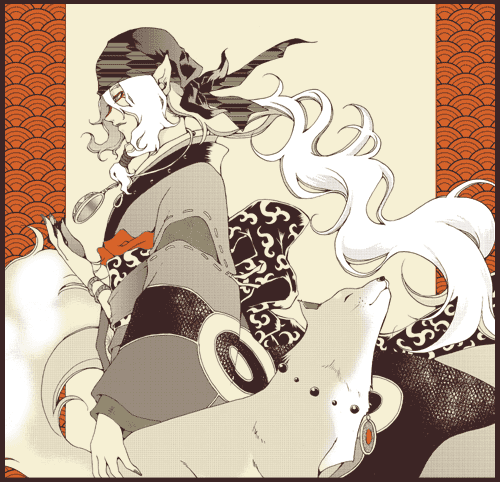 watase, kusuriuri (mononoke), mononoke, lowres, 00s, 1boy, alternate hair color, animal, bandana, blonde hair, bow, cat, durag, facepaint, facial mark, hair tie, hair tubes, japanese clothes, jewelry, kimono, lipstick, long hair, makeup, male focus, medallion, mirror, monochrome, necklace, obi, pointy ears, sash, seigaiha, simple background, solo, spot color, white hair