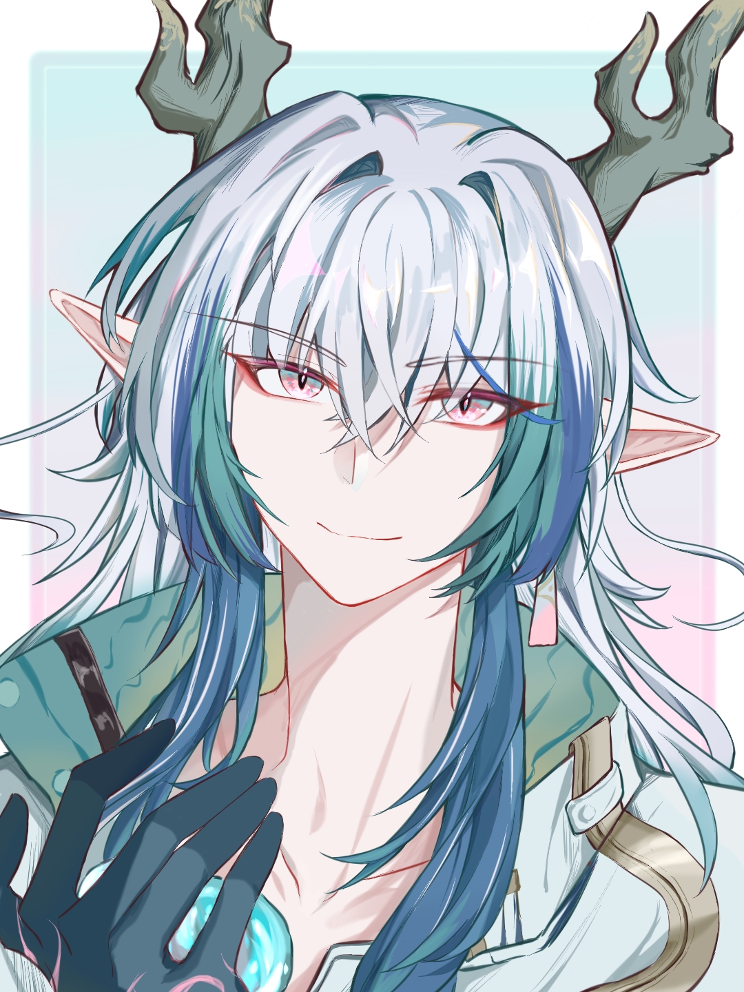 arknights, chinese commentary, commentary request, highres, 1boy, blue hair, border, closed mouth, collarbone, colored extremities, crossed bangs, green hair, grey hair, hair between eyes, hand up, jihuang82080, long hair, looking at viewer, male focus, multicolored hair, outside border, pink eyes, pointy ears, portrait, smile, solo, white border, yi (arknights)