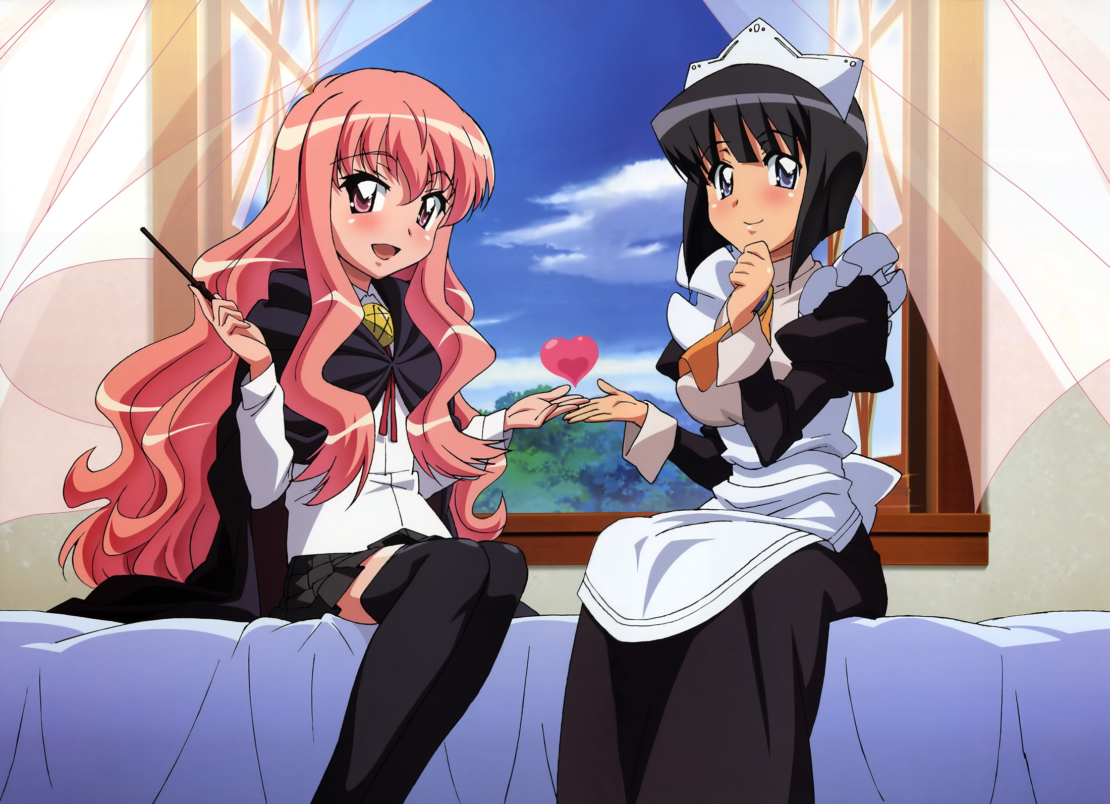 louise francoise le blanc de la valliere, siesta (zero no tsukaima), zero no tsukaima, artist request, highres, 00s, 2girls, bed, black hair, blue eyes, cape, heart, long hair, maid, multiple girls, pentacle, pink eyes, pink hair, short hair, sitting, skirt, thighhighs, wand, zettai ryouiki