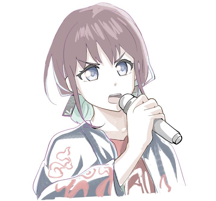 n nai nai n, iseri nina, girls band cry, 1girl, blue eyes, blue hair, blue jacket, brown hair, earrings, holding, holding microphone, jacket, jewelry, kuuhaku to catharsis, microphone, open mouth, red shirt, shirt, short hair, simple background, solo, teeth, upper teeth only, white background