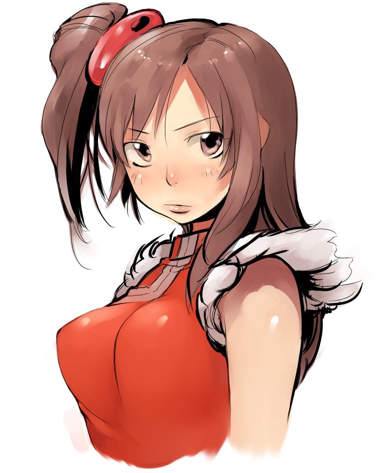 heisa, ling xiaoyu, tekken, bad id, bad pixiv id, 1girl, alternate hairstyle, blush, breasts, brown hair, chinese clothes, female focus, fur trim, large breasts, lips, long hair, ponytail, side ponytail, solo, upper body