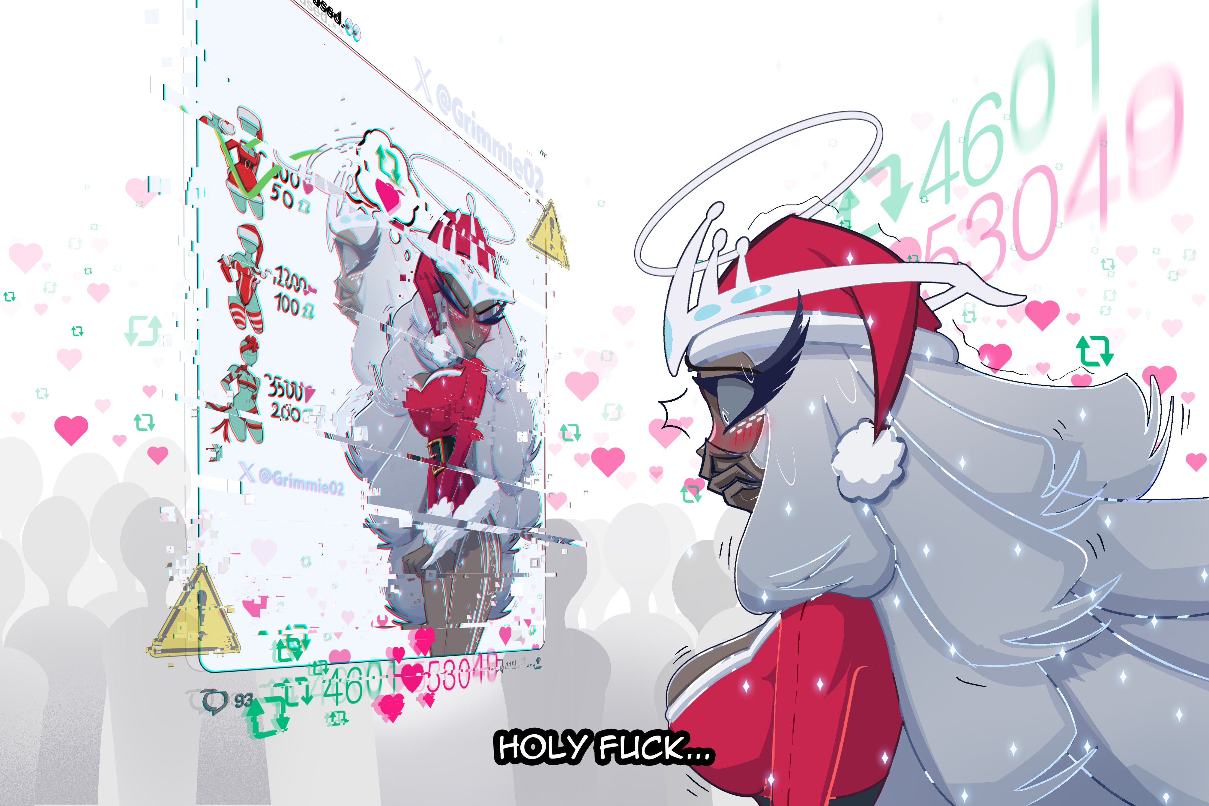 grimmie02, absurdres, highres, 1girl, artist name, belt, black belt, blush, cowboy shot, dark-skinned female, dark skin, dress, english text, fur-trimmed dress, fur trim, grey hair, halo, hand up, hat, long hair, nail polish, profile, red hat, santa costume, santa dress, santa hat, short dress, subtitled, teeth, twitter strip game, watermark, white background