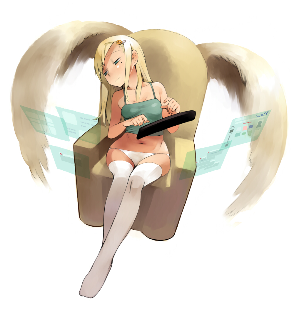 heisa, pixiv, bad id, bad pixiv id, 1girl, blonde hair, camisole, chair, computer, computer keyboard, feet, female focus, full body, green eyes, hair ornament, hairclip, head tilt, hip focus, long hair, lowleg, lowleg panties, mole, mole under eye, monitor, navel, panties, sitting, solo, thighhighs, underwear, underwear only, white panties, white thighhighs, wide hips, wings