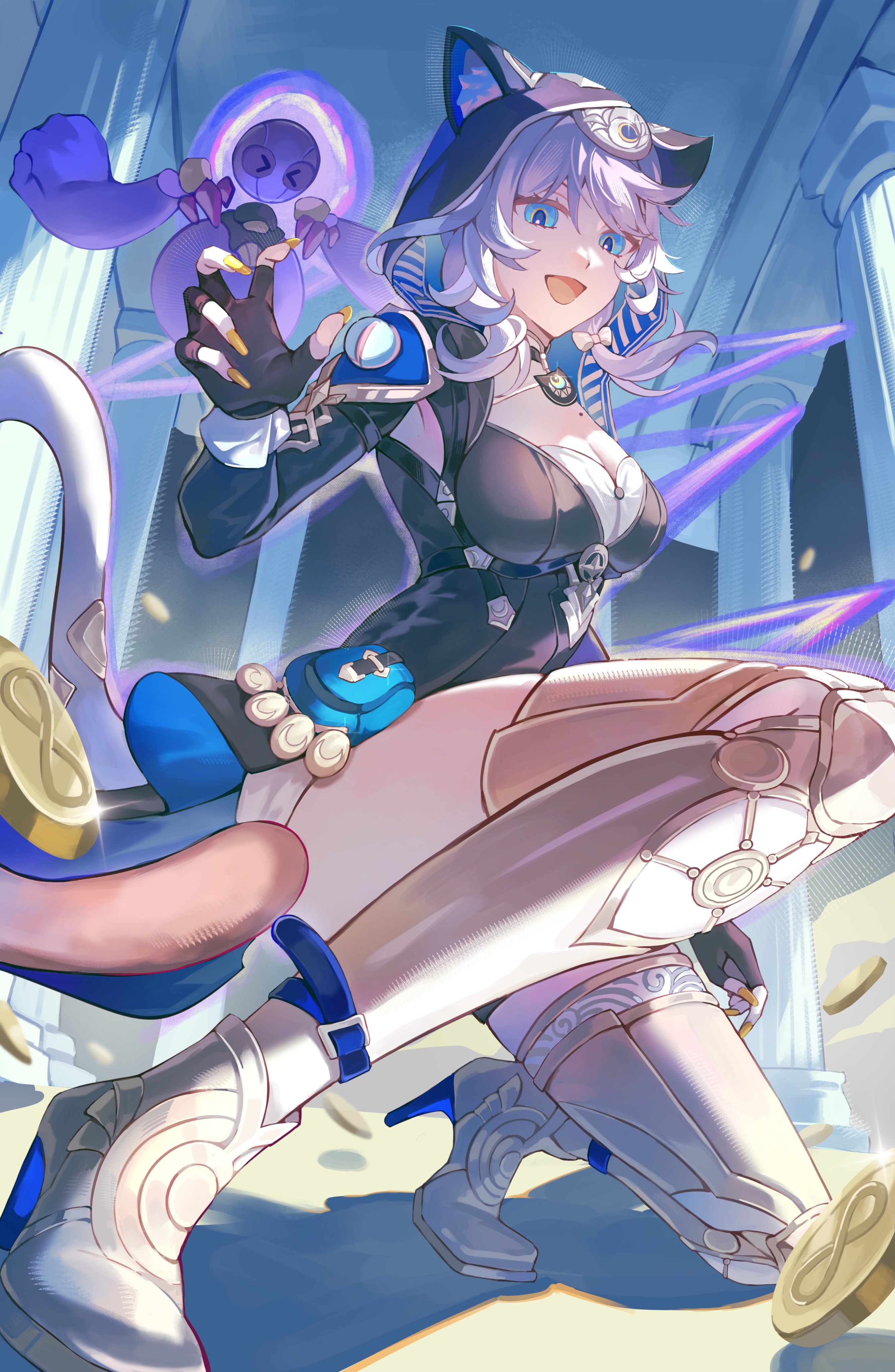kanangnsn, cipher (honkai: star rail), spirithief bartholos (honkai: star rail), honkai: star rail, honkai (series), absurdres, highres, 1girl, :d, animal ear fluff, animal ears, blue eyes, bow, breasts, cat ears, cat girl, cat tail, choker, cleavage, coin, gloves, grey hair, high heels, leotard, medium breasts, mole, mole on breast, open mouth, pillar, pouch, smile, solo focus, tail, yellow nails