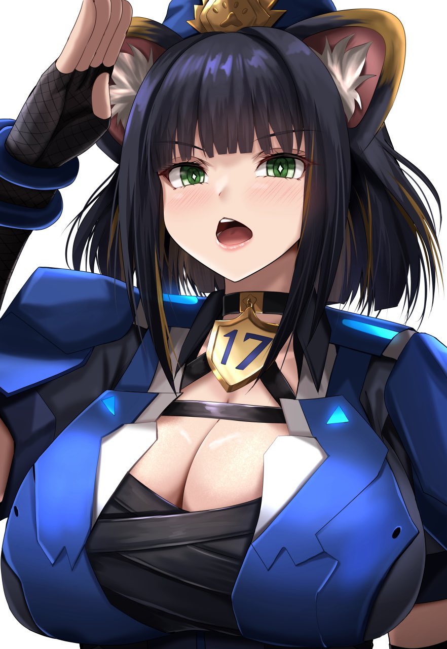 hogehogehoge t, k9 – #17 "ripper", k9 – #17 izuna, yu-gi-oh!, highres, 1girl, animal ears, armor, black hair, blue armor, blue jacket, breasts, brown hair, cleavage, duel monster, green eyes, jacket, large breasts, multicolored hair, salute, short hair, simple background, solo, streaked hair, two-tone hair, upper body, weasel ears, weasel girl, white background