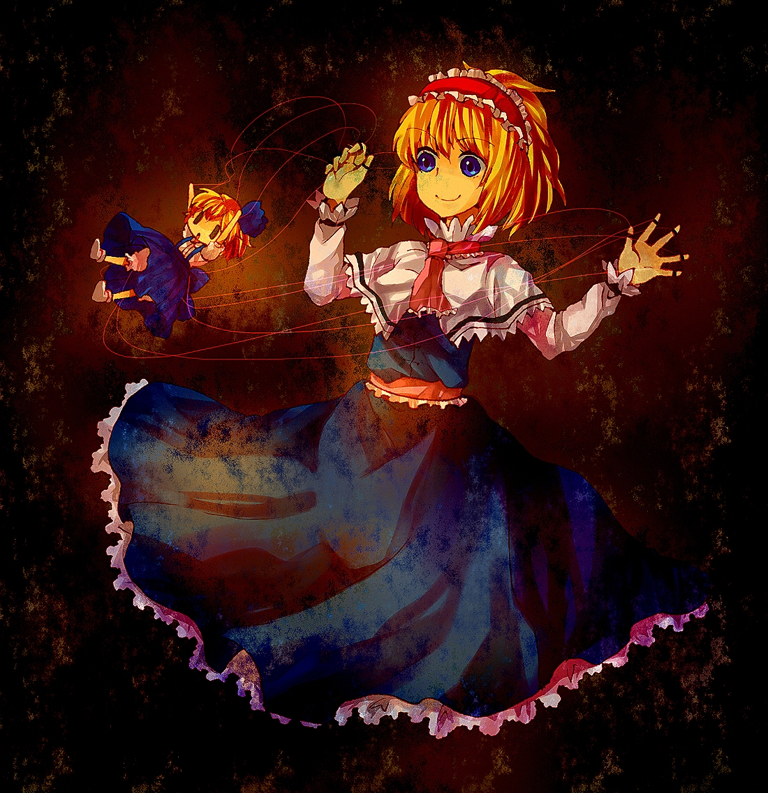 shiratamako, alice margatroid, alice margatroid (pc-98), mystic square, touhou, touhou (pc-98), bad id, bad pixiv id, 2girls, blonde hair, blue eyes, doll, female focus, hairband, marionette, multiple girls, puppet, string