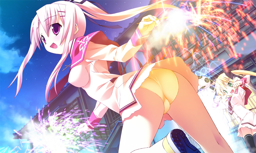 kannagi rei, misa brigitta cristelis, yuugiri nanaka, twinkle crusaders, non-web source, 2girls, ass, black thighhighs, blonde hair, breasts, cross, fang, fireworks, from behind, from below, green eyes, hair ornament, hair ribbon, hairclip, impossible clothes, impossible shirt, jewelry, long hair, looking back, multiple girls, necklace, necktie, night, panties, pink hair, ponytail, purple eyes, ribbon, school uniform, shirt, sparkler, thighhighs, trefoil, twintails, underwear, upskirt, white hair, yellow panties, zettai ryouiki