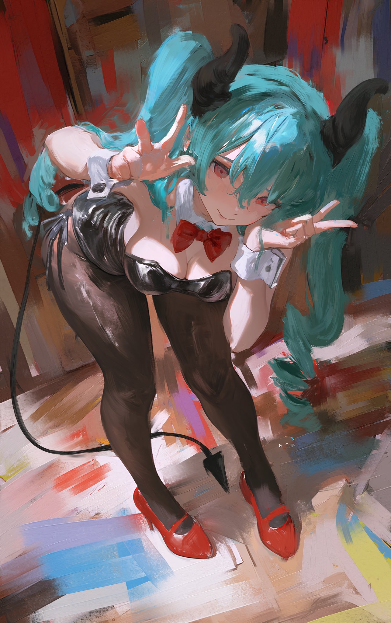 daodtt, original, highres, 1girl, aqua hair, bare shoulders, black horns, black leotard, black pantyhose, borrowed character, bow, bowtie, breasts, cleavage, closed mouth, demon tail, detached collar, double-parted bangs, double w, full body, hair between eyes, horns, leaning forward, leotard, long hair, looking at viewer, medium breasts, morello (morellostorment), pantyhose, playboy bunny, red bow, red bowtie, red eyes, solo, tail, twintails, very long hair, w, wrist cuffs