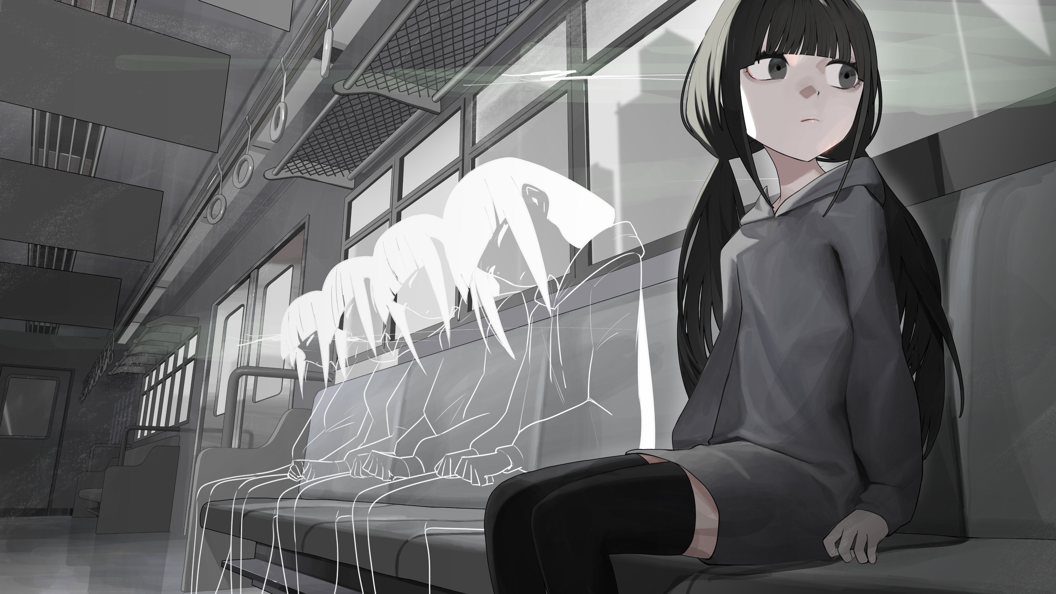 basasyu, osage (nukunuku nigirimeshi), lagtrain (vocaloid), vocaloid, absurdres, highres, 5girls, black eyes, black hair, black thighhighs, closed mouth, expressionless, grey hoodie, hood, hood down, hoodie, long hair, looking to the side, low twintails, multiple girls, multiple persona, open clothes, sitting, thighhighs, train interior, twintails