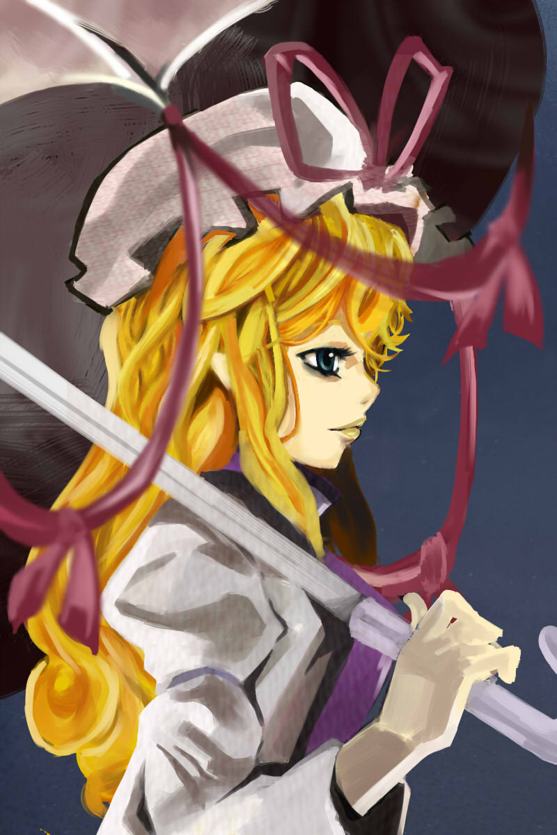 egawa rui, yakumo yukari, touhou, highres, 1girl, female focus, hat, ribbon, simple background, solo, umbrella, upper body