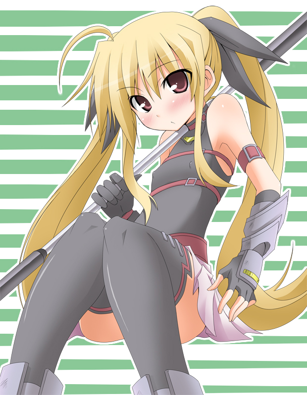 souto, bardiche (nanoha), fate testarossa, fate testarossa (lightning form), lyrical nanoha, mahou shoujo lyrical nanoha, bad id, bad pixiv id, 00s, 1girl, ahoge, blonde hair, covered erect nipples, female focus, flat chest, gloves, long hair, red eyes, solo, thighhighs, twintails