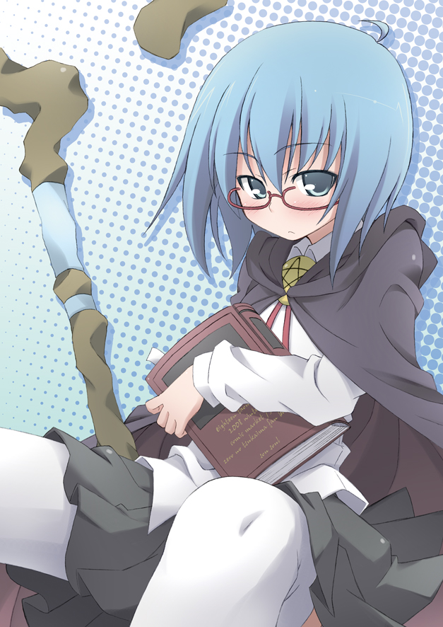 souto, tabitha (zero no tsukaima), zero no tsukaima, bad id, bad pixiv id, 00s, 1girl, 2008, ahoge, blue eyes, blue hair, blush, book, cape, female focus, glasses, matching hair/eyes, pentacle, school uniform, skirt, solo, staff, thighhighs