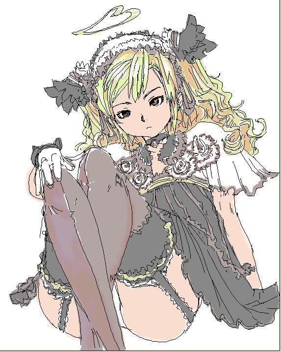 kasukabe, original, 1girl, ass, blonde hair, crossed legs, female focus, garter belt, garter straps, gloves, gothic lolita, lolita fashion, looking at viewer, oekaki, simple background, sitting, solo, thighhighs, white background