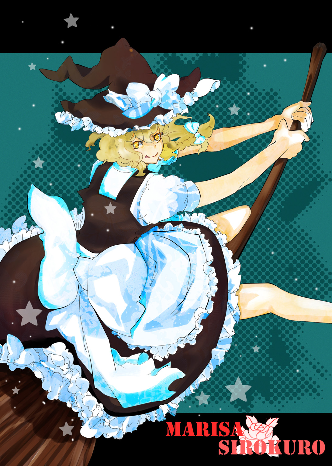egawa rui, kirisame marisa, touhou, highres, 1girl, blonde hair, broom, dress, female focus, halftone, halftone background, hat, solo, witch, witch hat, yellow eyes